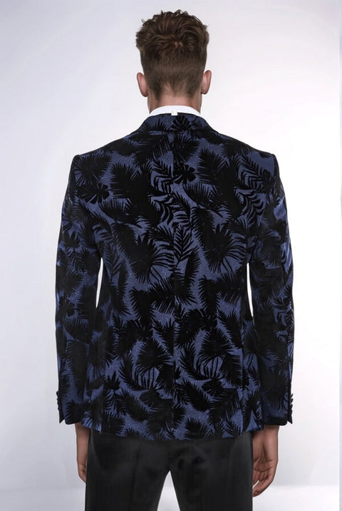 Shiny Leaf Patterned Navy Blue Men Tuxedo Party  Blazer - Wessi