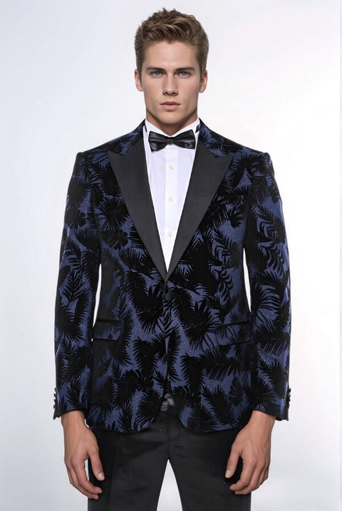 Shiny Leaf Patterned Navy Blue Men Tuxedo Party  Blazer - Wessi