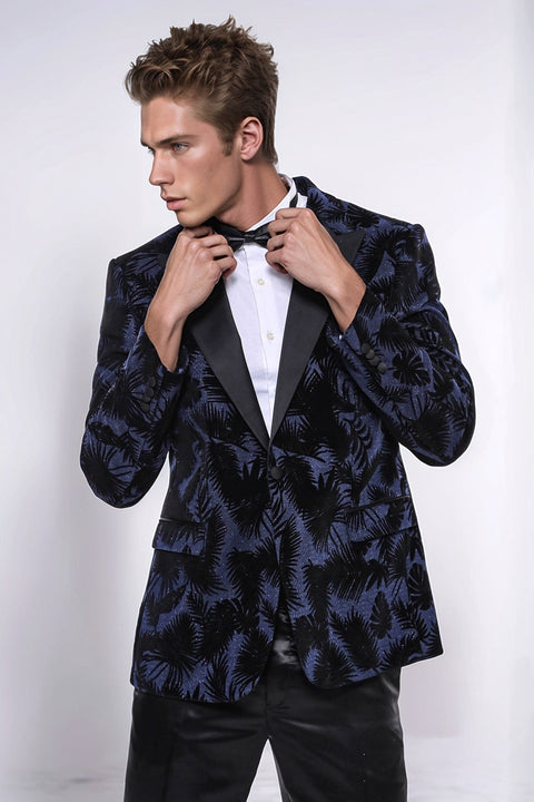 Shiny Leaf Patterned Navy Blue Men Tuxedo Party  Blazer - Wessi