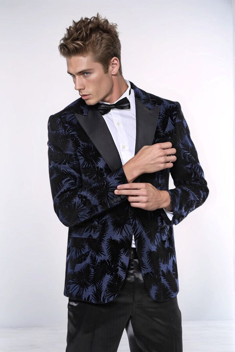Shiny Leaf Patterned Navy Blue Men Tuxedo Party  Blazer - Wessi