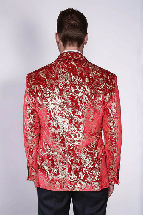 Gold Patterned Over Red Men Stage Tuxedo Blazer - Wessi