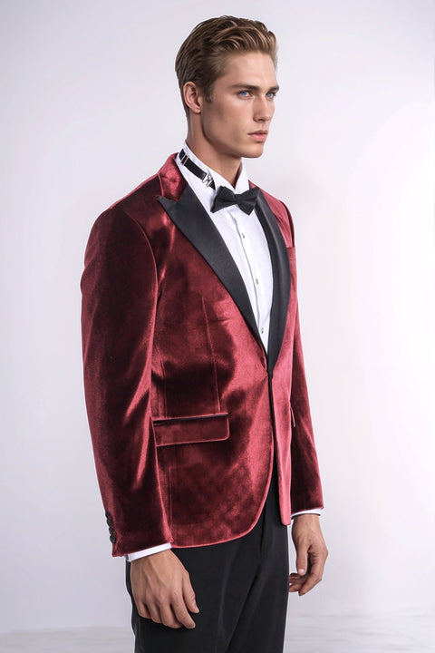 Velvet Slim Fit Burgundy Men Tuxedo Jacket - Wessi