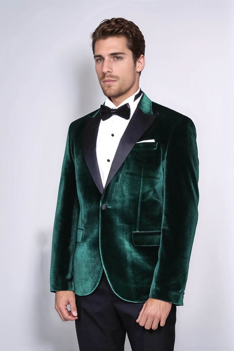 Slim Fit Peak Lapel Velvet Dark Green Men Tuxedo Jacket - Wessi