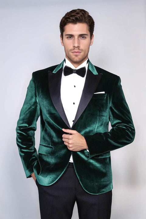 Slim Fit Peak Lapel Velvet Dark Green Men Tuxedo Jacket - Wessi