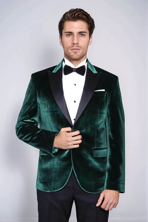 Slim Fit Peak Lapel Velvet Dark Green Men Tuxedo Jacket - Wessi