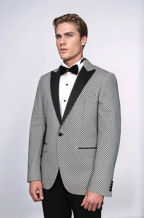 Black Patterned Over White Men Party Blazer - Wessi