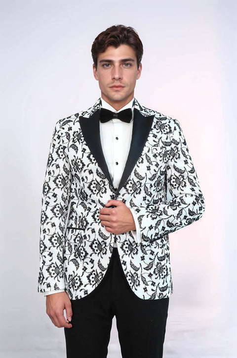 Floral Patterned Peak Lapel White Men  Wedding Tuxedo Blazer - Wessi