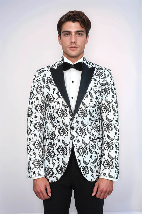 Floral Patterned Peak Lapel White Men  Wedding Tuxedo Blazer - Wessi