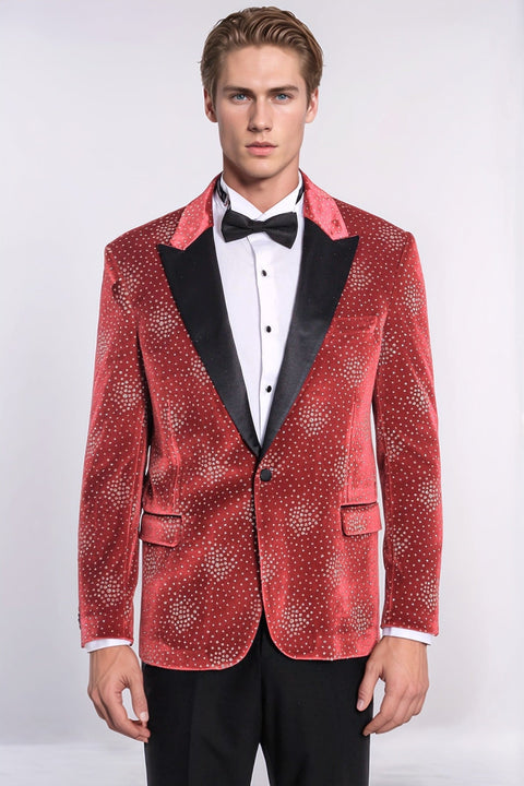 Dot Patterned Peak Lapel Burgundy Men Singer Tuxedo Blazer - Wessi