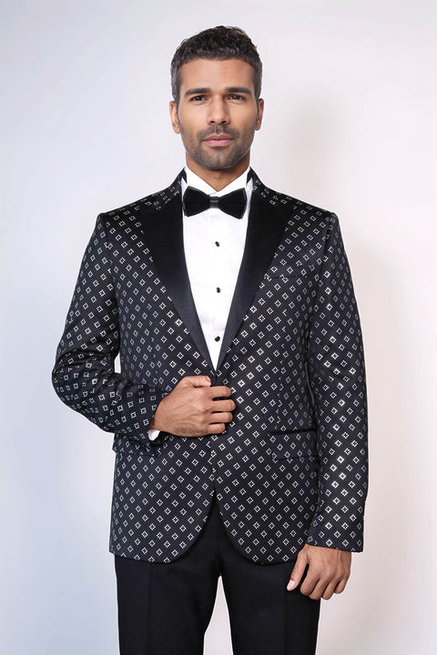 Silver Diamond Pattern Over Black Men Party Tuxedo Blazer - Wessi