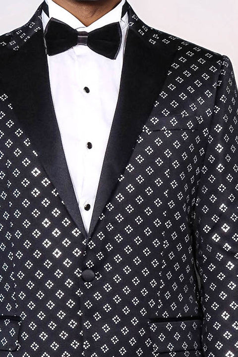 Silver Diamond Pattern Over Black Men Party Tuxedo Blazer - Wessi