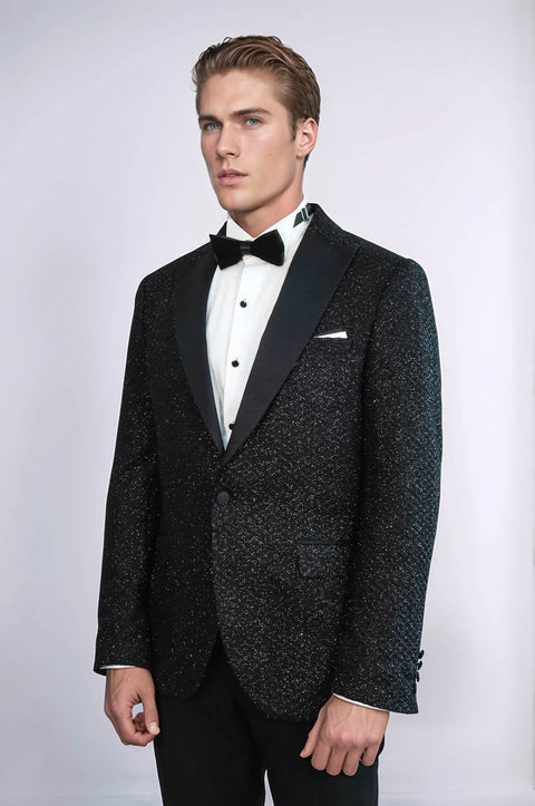 Gingham Patterned Glitter Black Men Party Blazer - Wessi