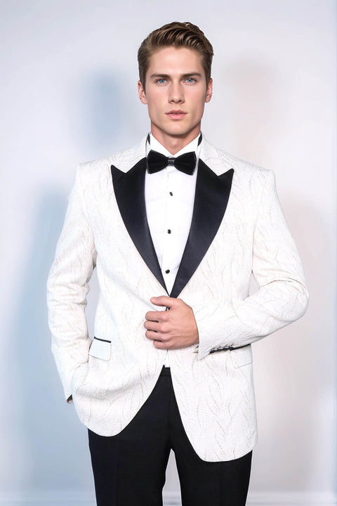 Patterned Shiny White Men Wedding Tuxedo Jacket - Wessi