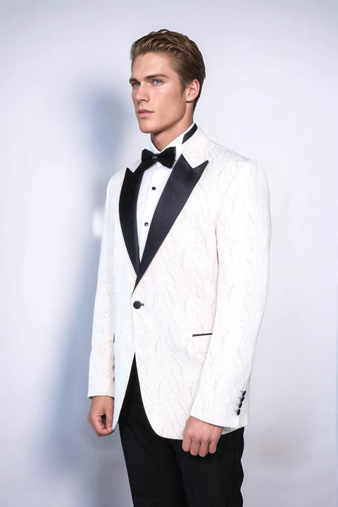 Patterned Shiny White Men Wedding Tuxedo Jacket - Wessi