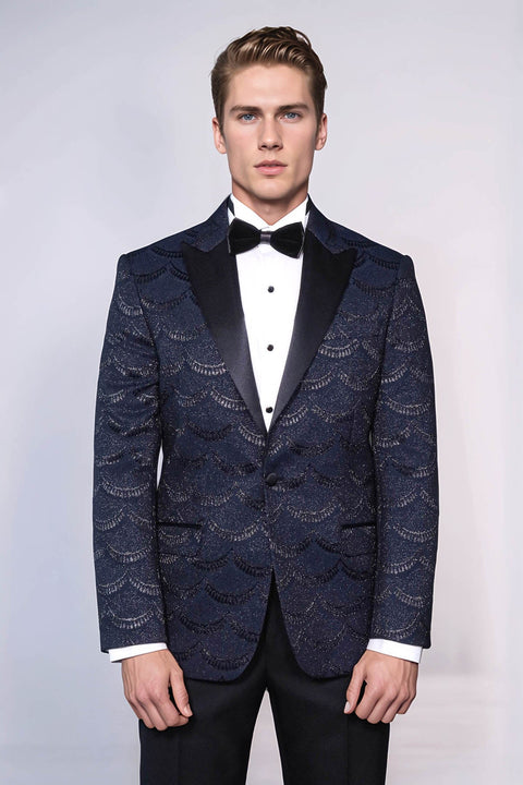 Patterned Slim Fit Navy Blue Men Singer Tuxedo Blazer - Wessi
