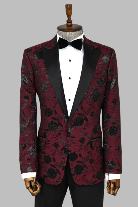 Floral Patterned Burgundy Men Dinner Jacket - Wessi