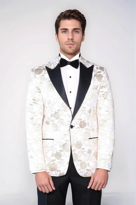 Floral Patterned White Men Tuxedo Blazer - Wessi