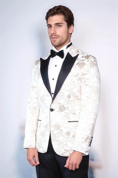 Floral Patterned White Men Tuxedo Blazer - Wessi