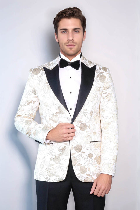 Floral Patterned White Men Tuxedo Blazer - Wessi