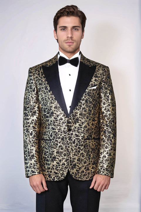 Root Pattern Peak Lapel Black Men Stage Performance Tuxedo  Blazer - Wessi