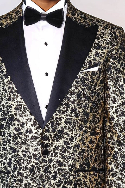 Root Pattern Peak Lapel Black Men Stage Performance Tuxedo  Blazer - Wessi