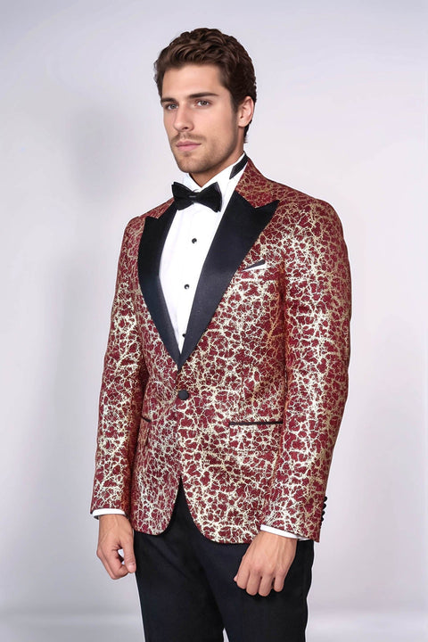 Root Pattern Peak Lapel Burgundy Men Party Blazer - Wessi