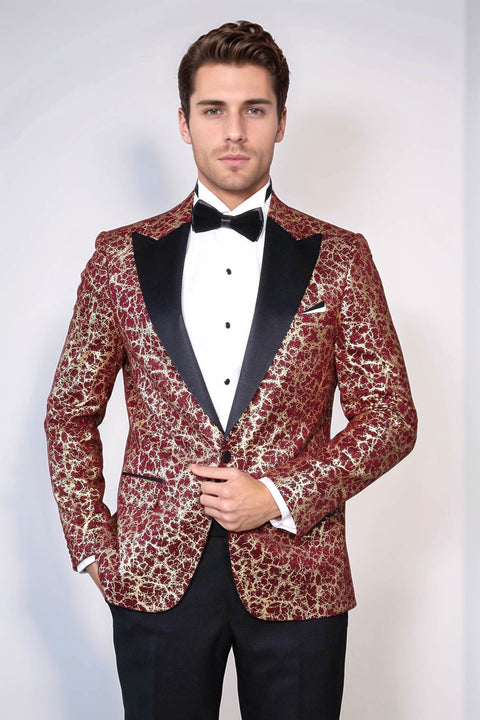 Root Pattern Peak Lapel Burgundy Men Party Blazer - Wessi