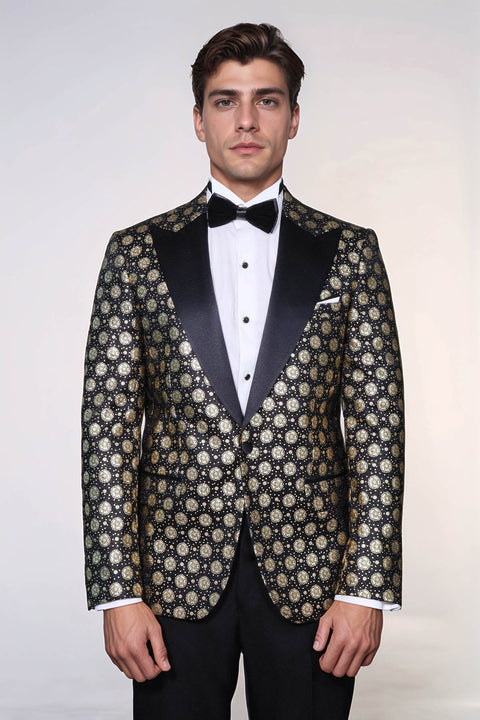 Floral Patterned Peak Lapel  Black with Gold Embellished Dinner Jacket - Wessi