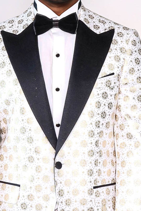 Floral Patterned Peak Lapel White Men Wedding Tuxedo Blazer - Wessi
