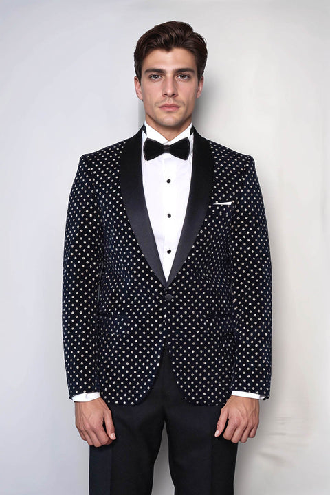 Dot Patterned Slim Fit Navy Blue Men Party Blazer - Wessi