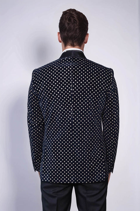 Dot Patterned Slim Fit Navy Blue Men Party Blazer - Wessi