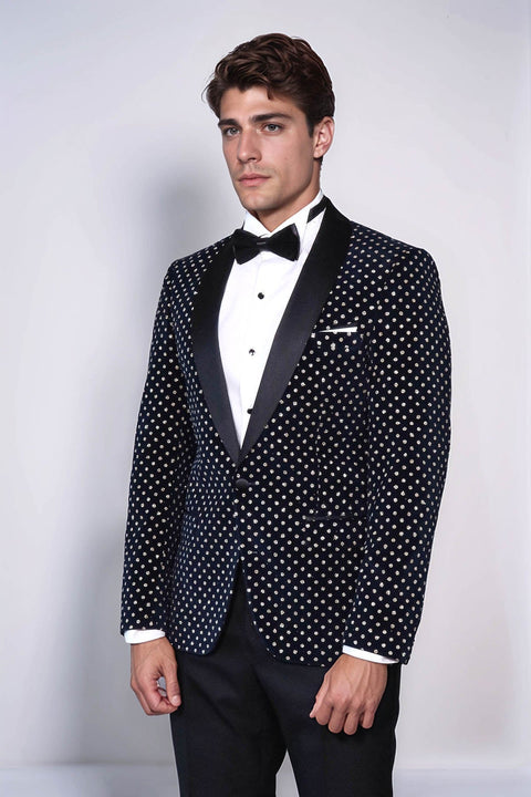 Dot Patterned Slim Fit Navy Blue Men Party Blazer - Wessi