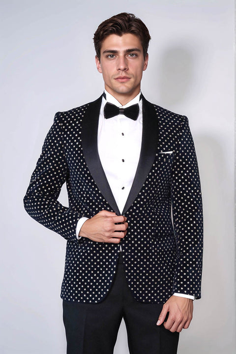 Dot Patterned Slim Fit Navy Blue Men Party Blazer - Wessi