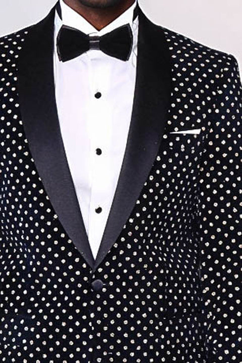 Dot Patterned Slim Fit Navy Blue Men Party Blazer - Wessi