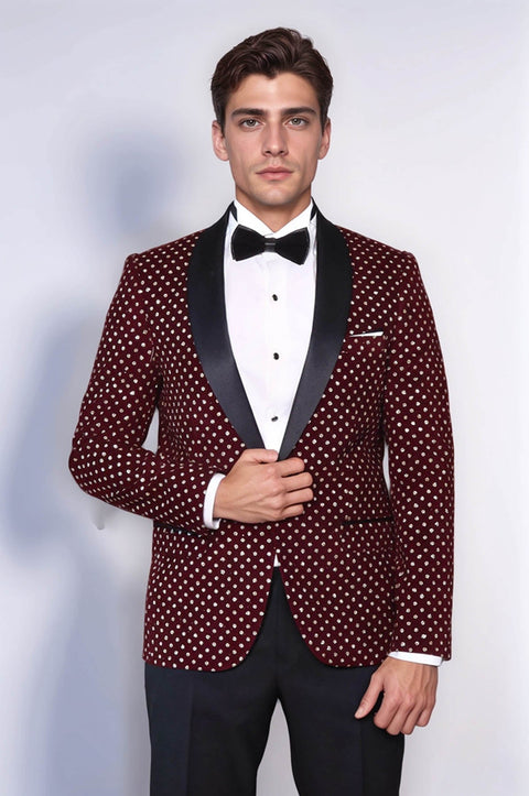 Dot Patterned Slim Fit Burgundy Men Dinner Jacket - Wessi