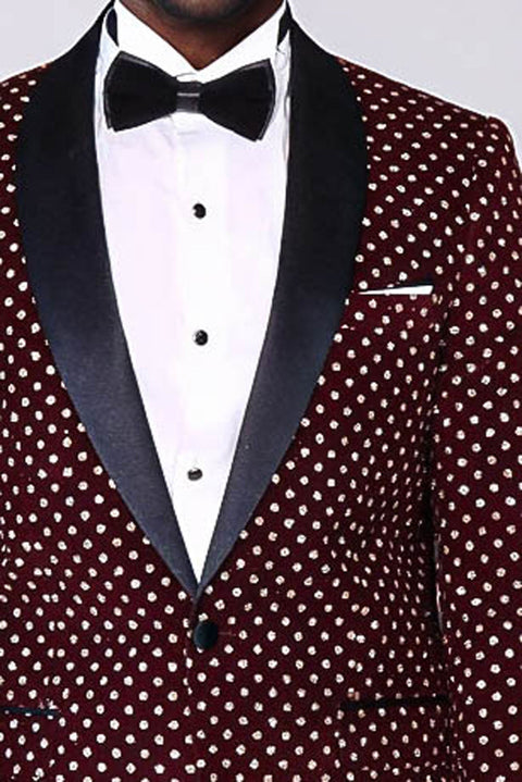 Dot Patterned Slim Fit Burgundy Men Dinner Jacket - Wessi