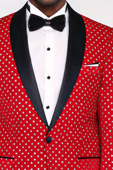 Dot Patterned Slim Fit Red Men Singer Tuxedo Blazer - Wessi
