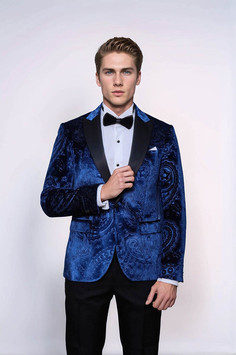 Floral Patterned Velvet Navy Blue Men Tuxedo Blazer - Wessi