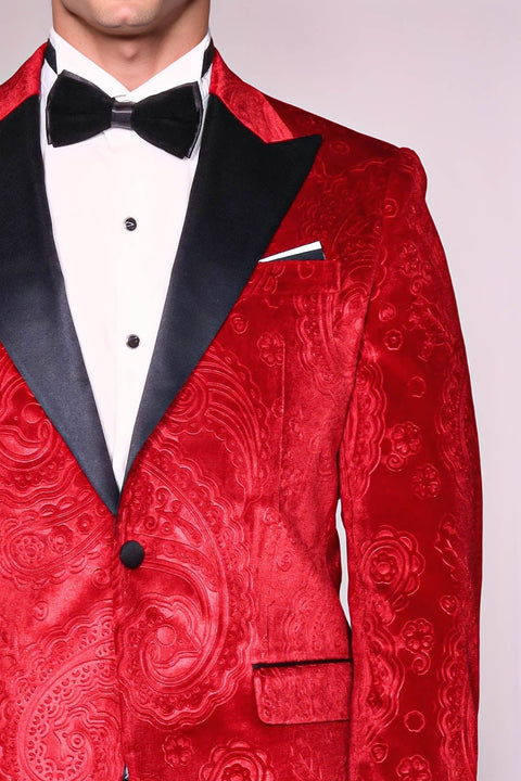 Floral Patterned Velvet Burgundy Men Tuxedo Jacket - Wessi