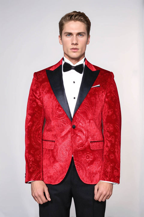 Floral Patterned Velvet Burgundy Men Tuxedo Jacket - Wessi