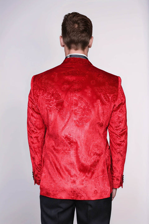 Floral Patterned Velvet Burgundy Men Tuxedo Jacket - Wessi
