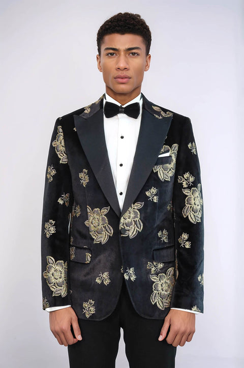 Gold Floral Patterned Shiny Black Men Party Tuxedo  Blazer - Wessi