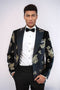 Gold Floral Patterned Shiny Black Men Party Tuxedo  Blazer - Wessi