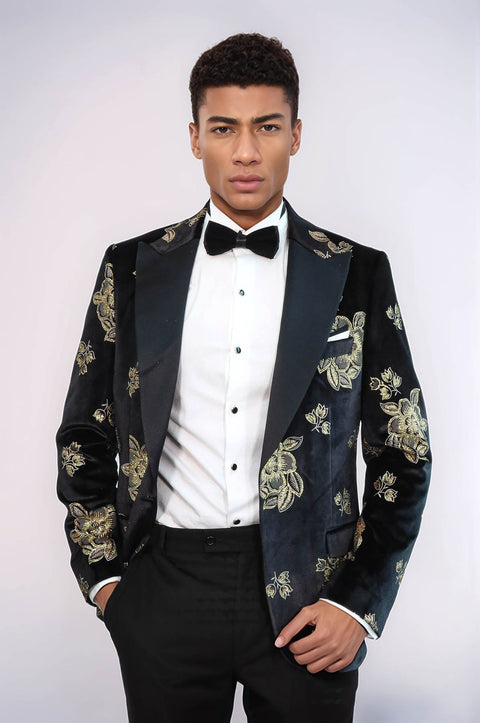 Gold Floral Patterned Shiny Black Men Party Tuxedo  Blazer - Wessi