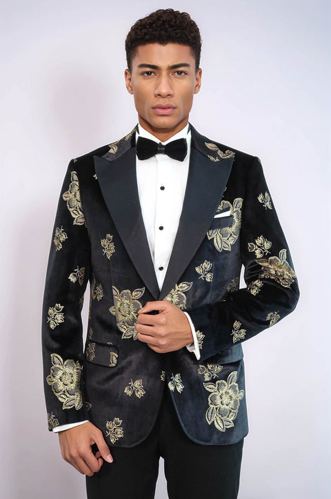 Gold Floral Patterned Shiny Black Men Party Tuxedo  Blazer - Wessi