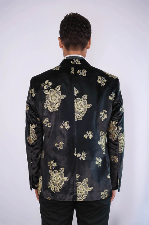 Gold Floral Patterned Shiny Black Men Party Tuxedo  Blazer - Wessi