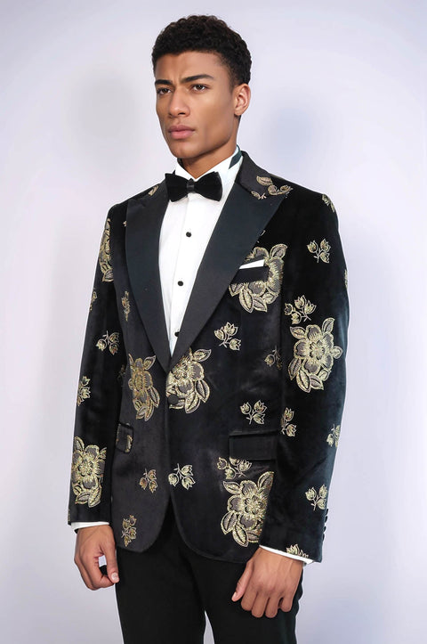Gold Floral Patterned Shiny Black Men Party Tuxedo  Blazer - Wessi
