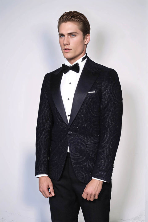 Hypnose Patterned Peak Lapel Slim Fit Black Men Tuxedo  Blazer - Wessi