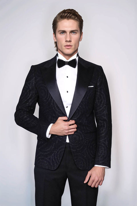Hypnose Patterned Peak Lapel Slim Fit Black Men Tuxedo  Blazer - Wessi
