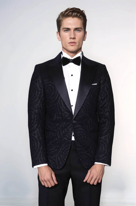 Hypnose Patterned Peak Lapel Slim Fit Black Men Tuxedo  Blazer - Wessi